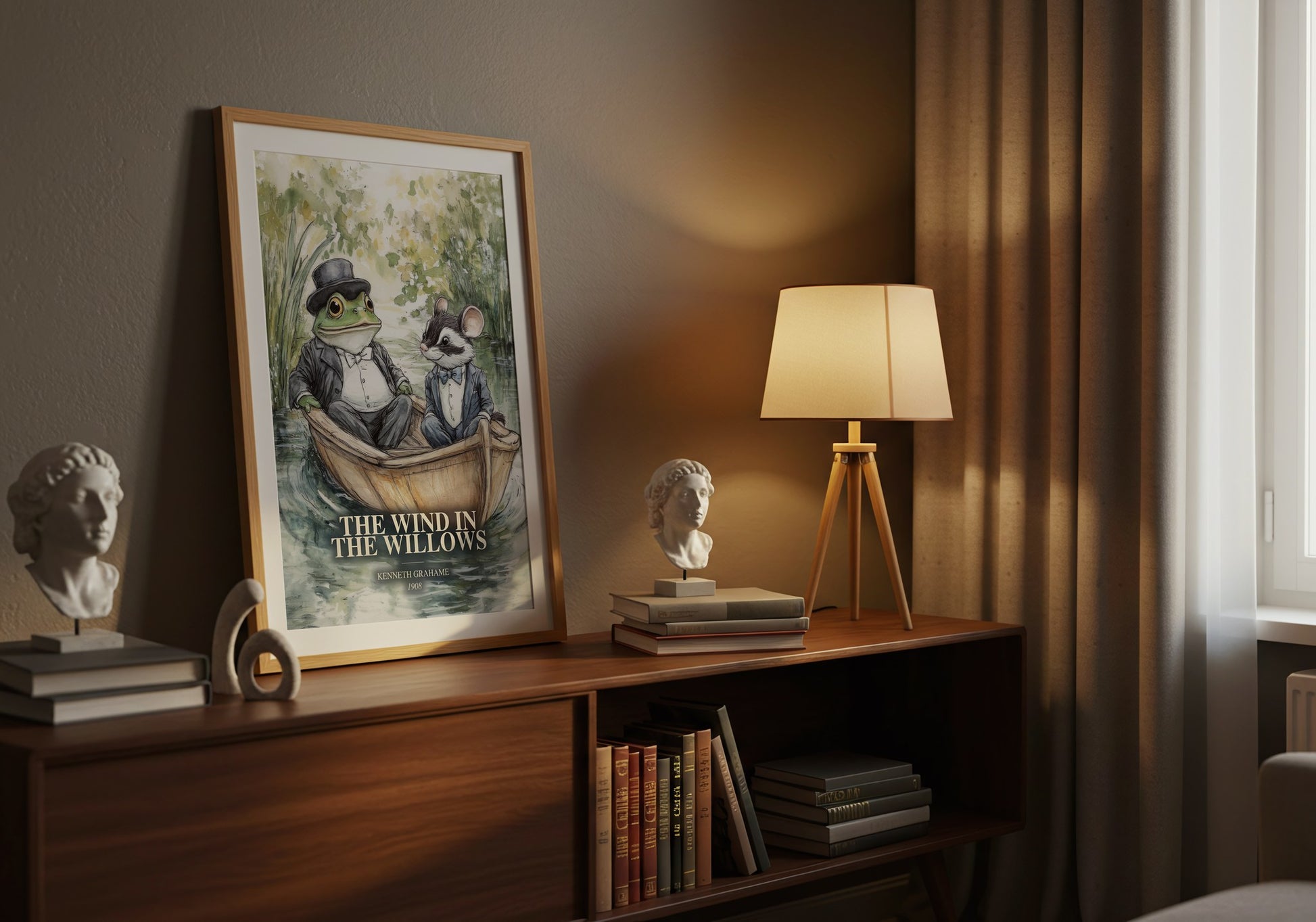 The Wind In The Willows watercolour print on bookshelf – Kenneth Grahame fan gift