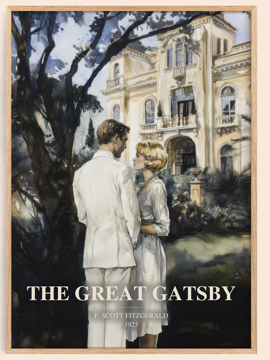 The Great Gatsby watercolour book poster by F. Scott Fitzgerald – framed literary art print