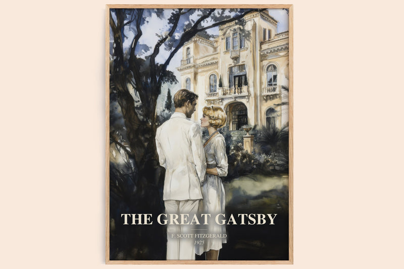The Great Gatsby watercolour book poster by F. Scott Fitzgerald – framed literary art print