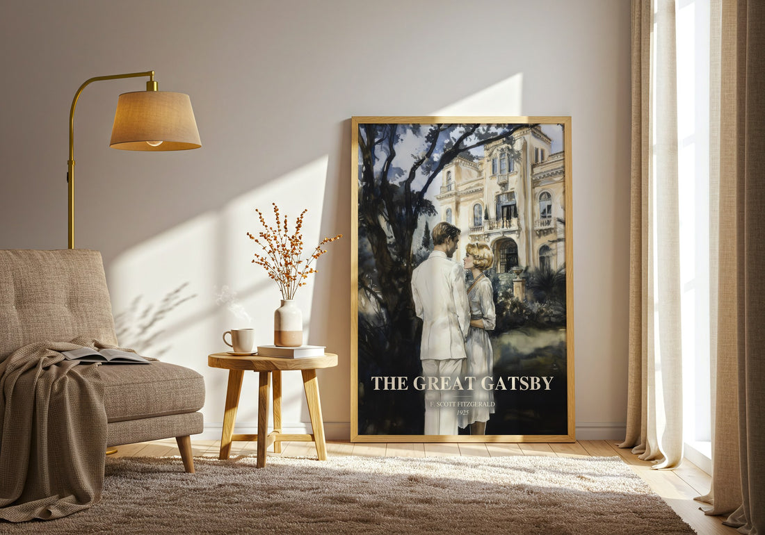 The Great Gatsby watercolour print in frame leaning in hallway – classic literature wall art (mockup)