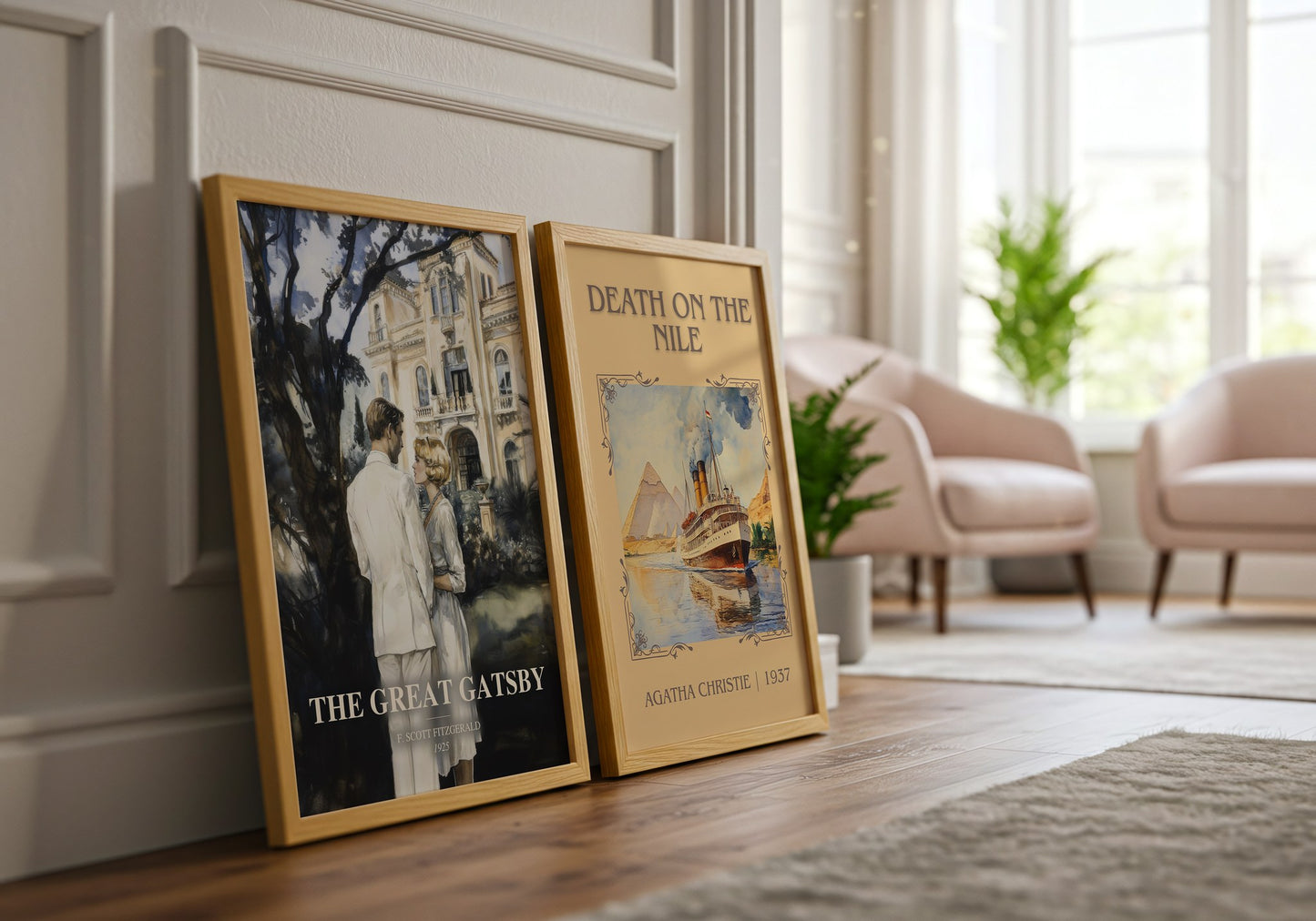 The Great Gatsby watercolour print framed by window – literary home decor