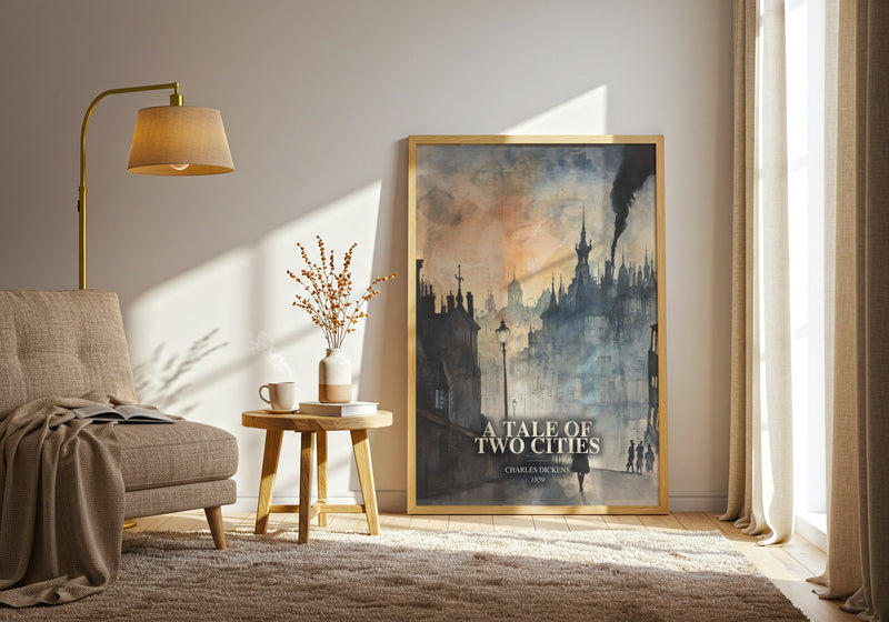 A Tale Of Two Cities watercolour print in frame leaning in hallway – historical fiction wall art