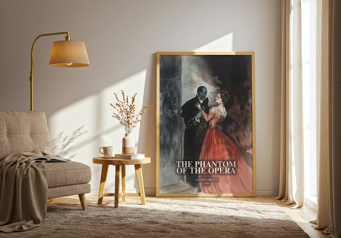 The Phantom Of The Opera watercolour print in frame leaning in hallway – gothic wall art (mockup)