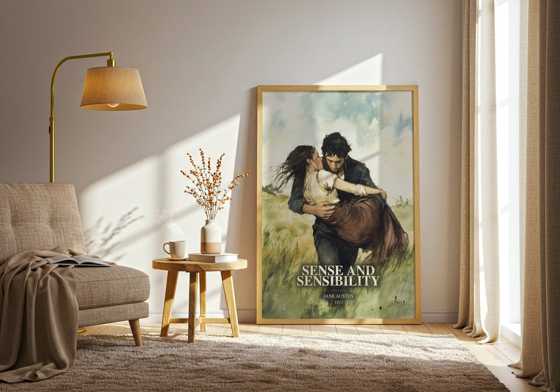Sense And Sensibility watercolour print in frame leaning in hallway – classic literature wall art (mockup)