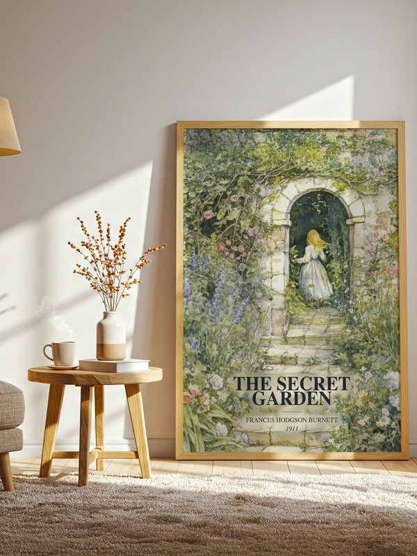 The Secret Garden watercolour print in frame leaning in hallway – childrens wall art