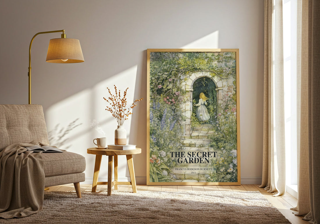 The Secret Garden watercolour print in frame leaning in hallway – childrens wall art (mockup)