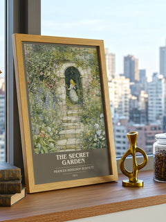 The Secret Garden Book Cover Poster by Frances Hodgson Burnett – framed print on a city-view windowsill