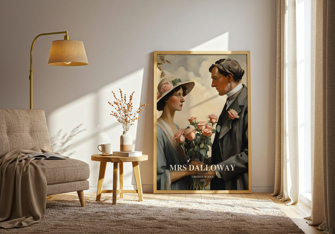 Mrs Dalloway watercolour print in frame leaning in hallway – literary fiction wall art (mockup)
