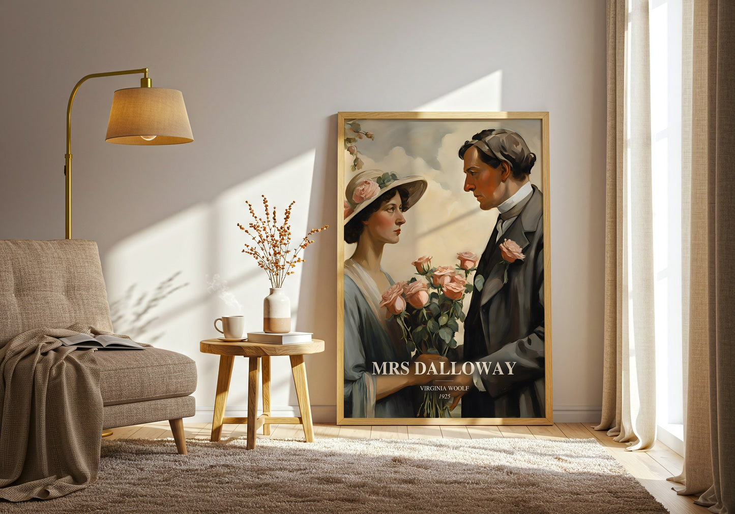 Mrs Dalloway watercolour print in frame leaning in hallway – literary fiction wall art
