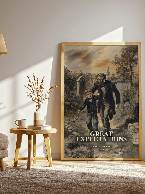 Great Expectations watercolour print in frame leaning in hallway – classic literature wall art