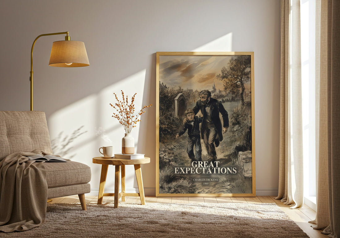 Great Expectations watercolour print in frame leaning in hallway – classic literature wall art (mockup)
