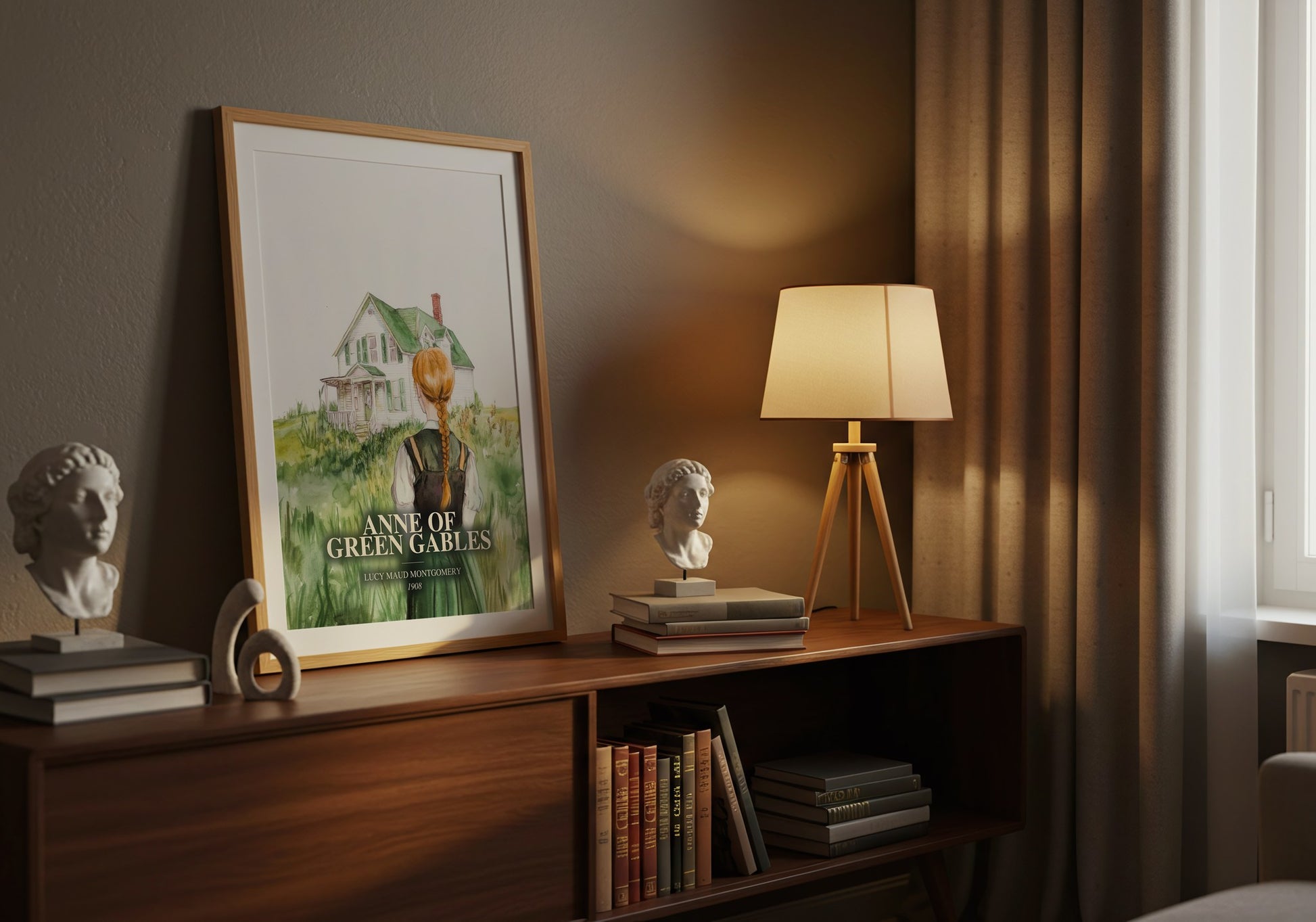 Anne Of Green Gables watercolour print on bookshelf – Lucy Maud Montgomery fan gift