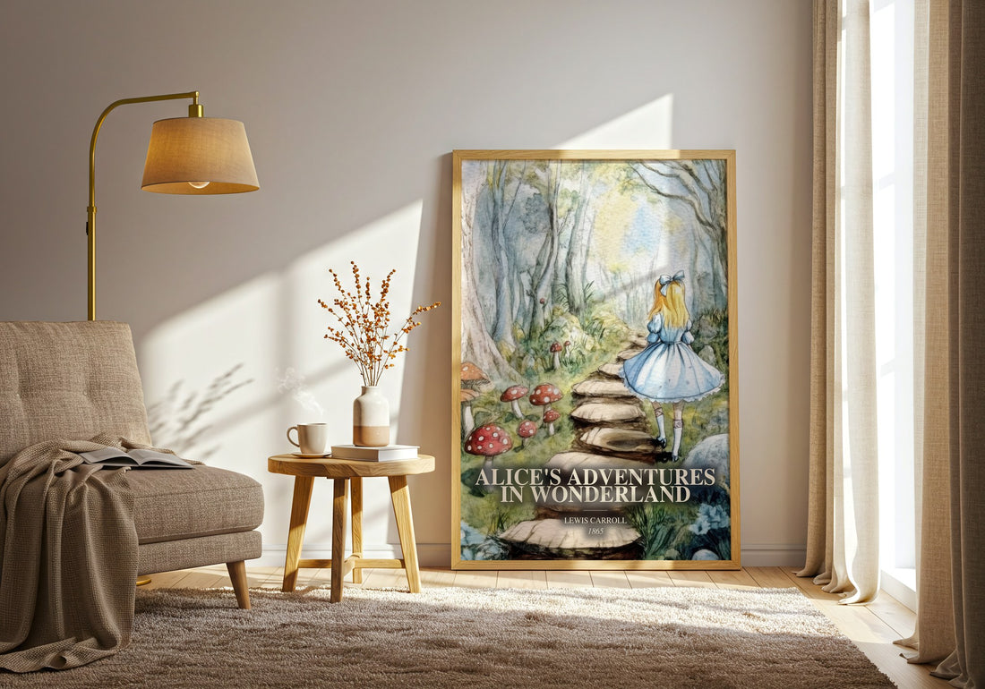 Alice'S Adventures In Wonderland watercolour print in frame leaning in hallway – childrens wall art (mockup)