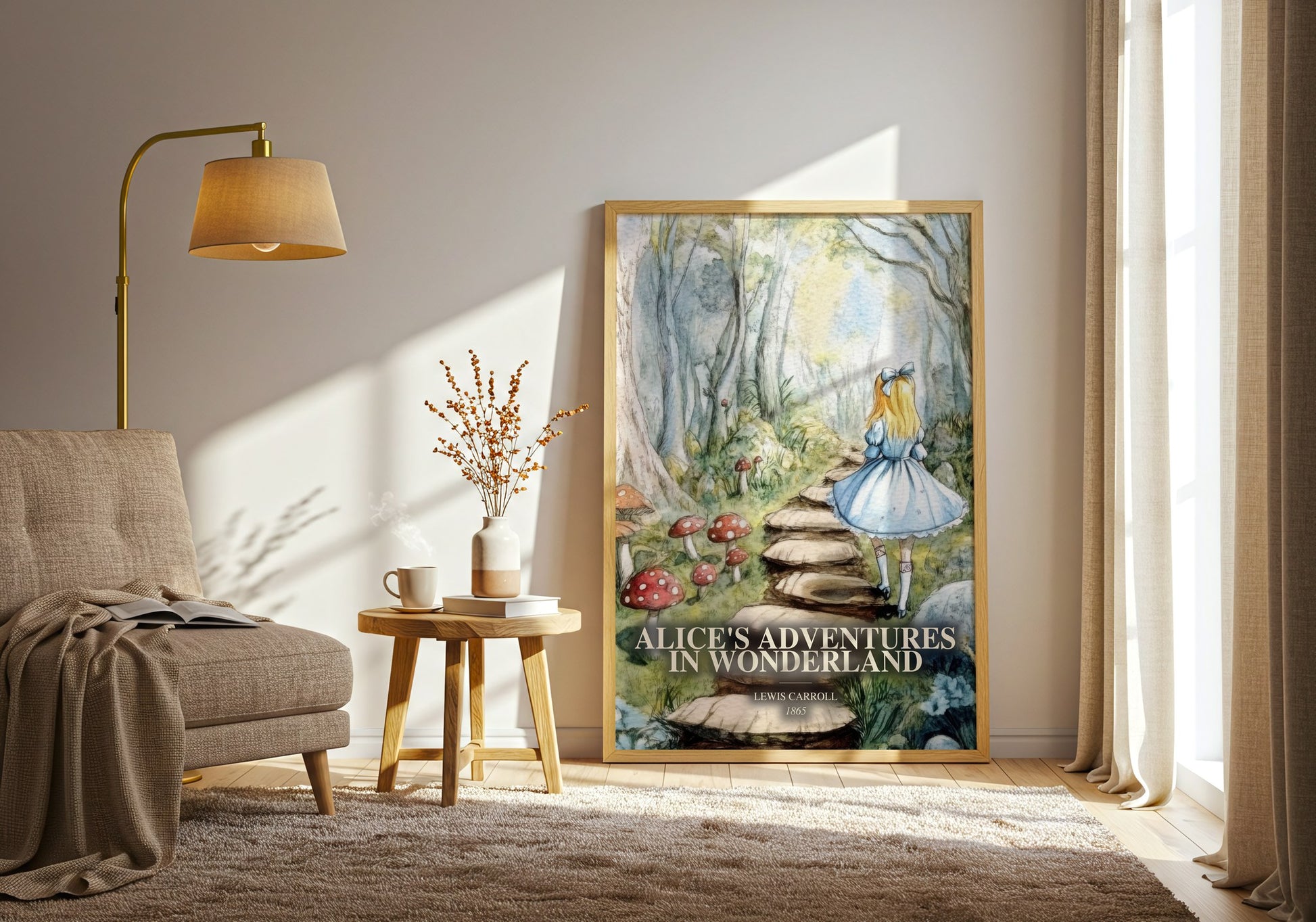 Alice'S Adventures In Wonderland watercolour print in frame leaning in hallway – childrens wall art