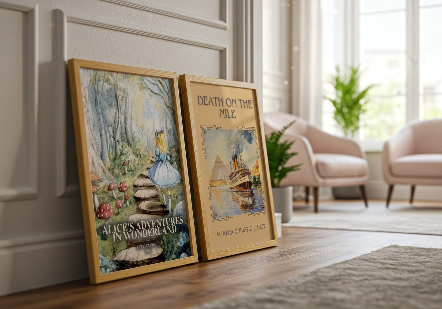 Alice'S Adventures In Wonderland watercolour print framed by window – literary home decor