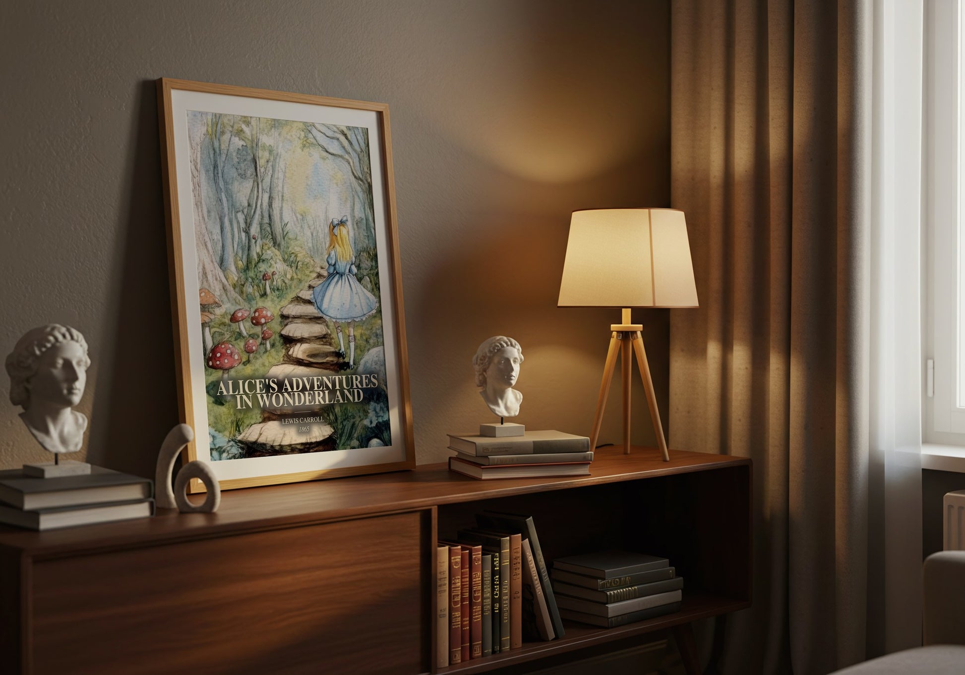 Alice'S Adventures In Wonderland watercolour print on bookshelf – Lewis Carroll fan gift