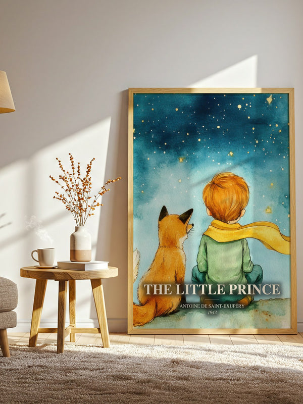 The Little Prince watercolour print in frame leaning in hallway – childrens wall art