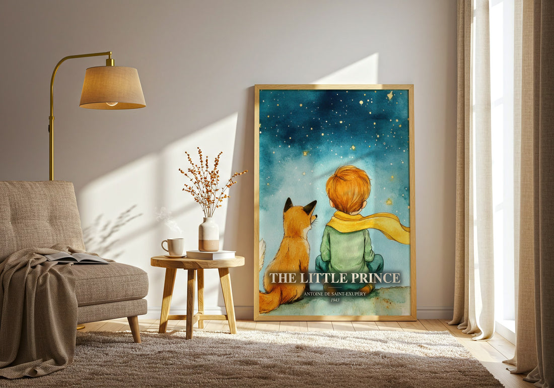 The Little Prince watercolour print in frame leaning in hallway – childrens wall art (mockup)