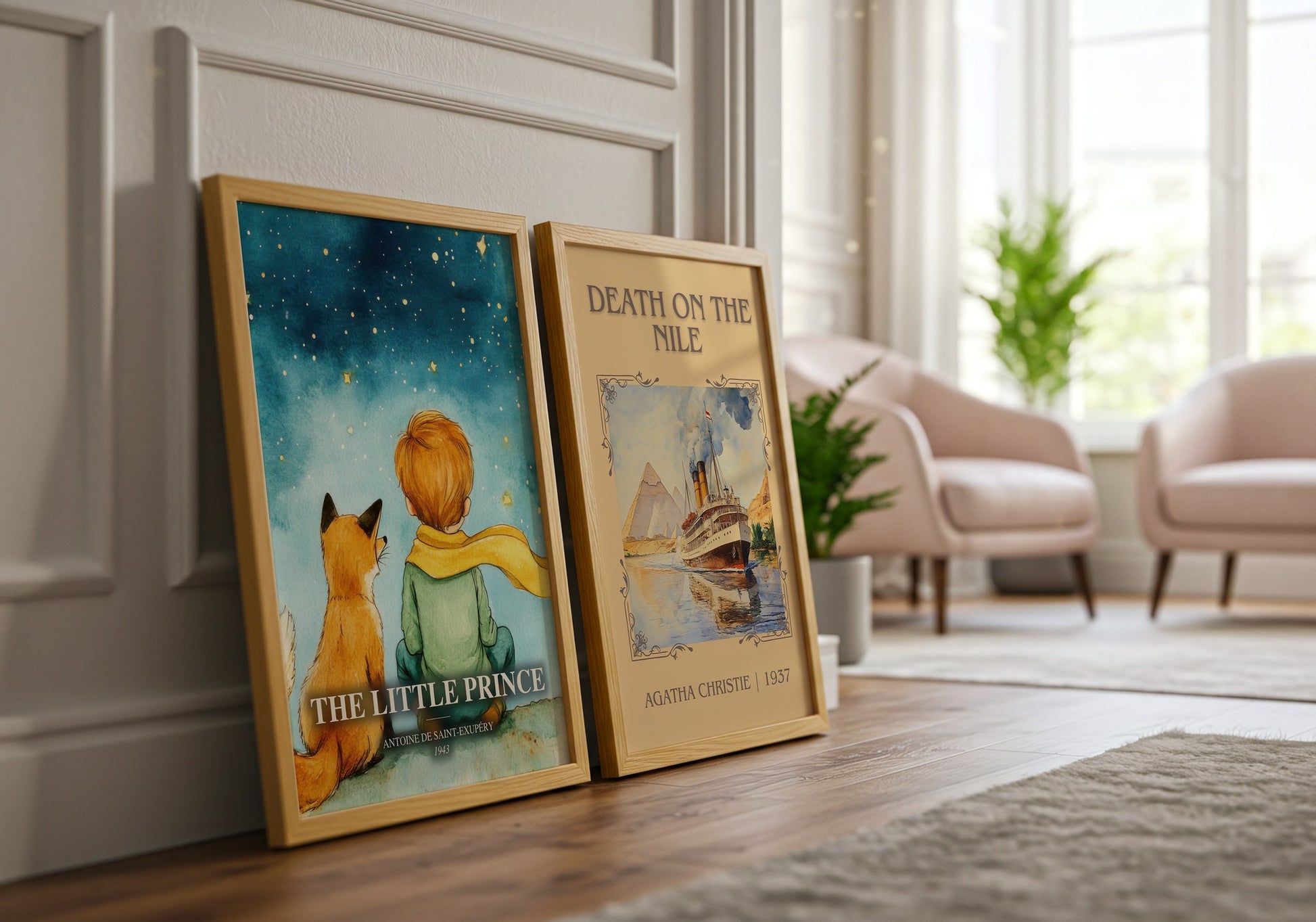 The Little Prince watercolour print framed by window – literary home decor