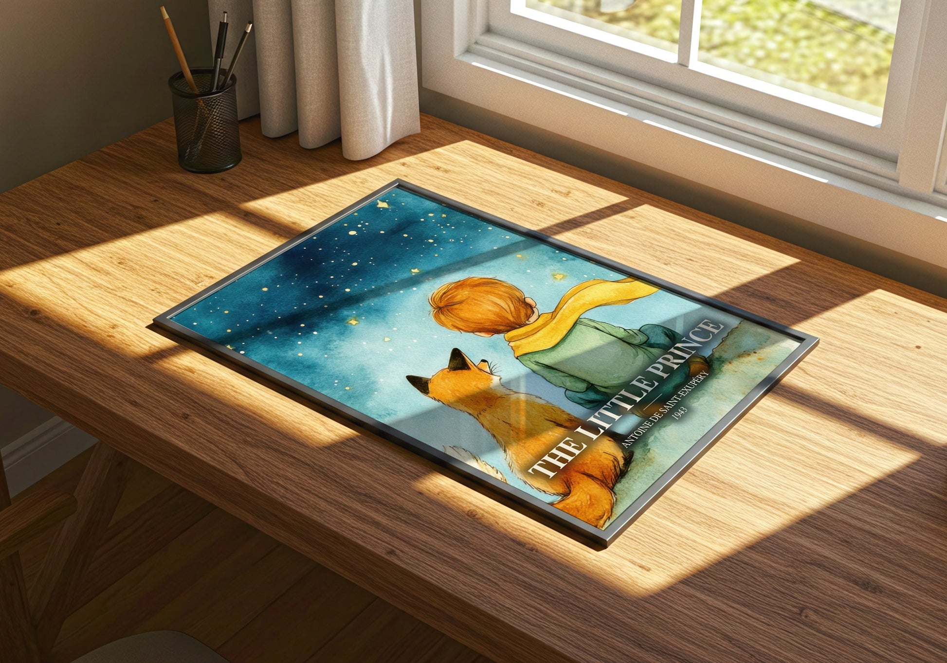The Little Prince watercolour book poster framed on wall – childrens wall art