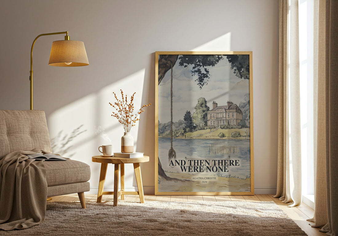 And Then There Were None watercolour print in frame leaning in hallway – mystery wall art (mockup)