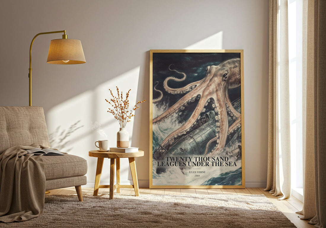 Twenty Thousand Leagues Under The Sea watercolour print in frame leaning in hallway – sci fi wall art (mockup)