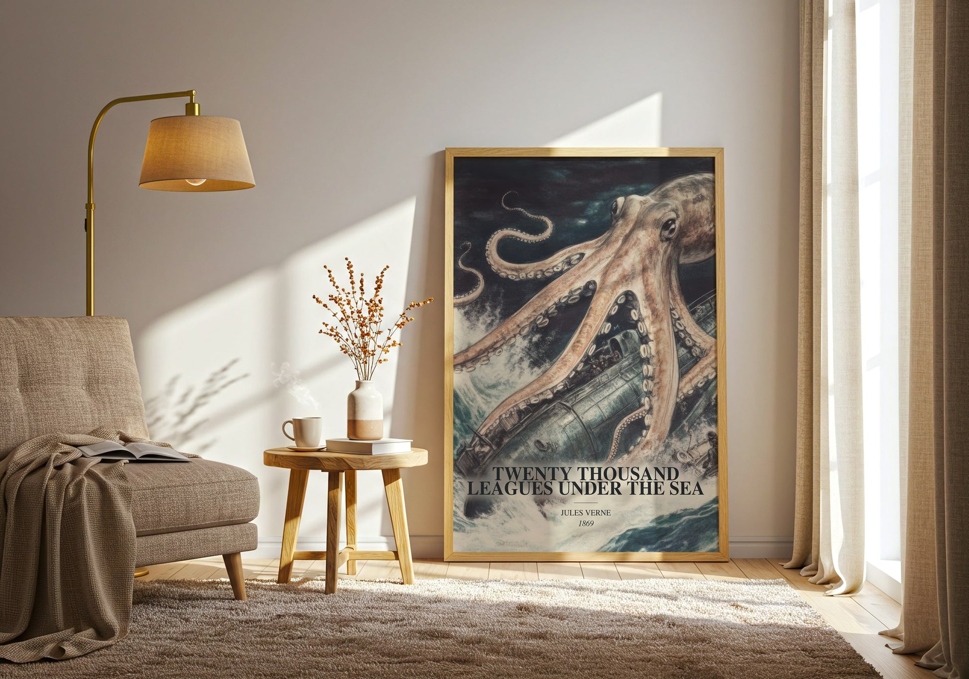 Twenty Thousand Leagues Under The Sea watercolour print in frame leaning in hallway – sci fi wall art