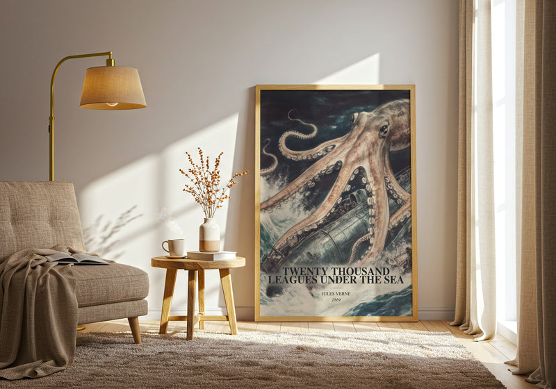 Twenty Thousand Leagues Under The Sea watercolour print in frame leaning in hallway – sci fi wall art