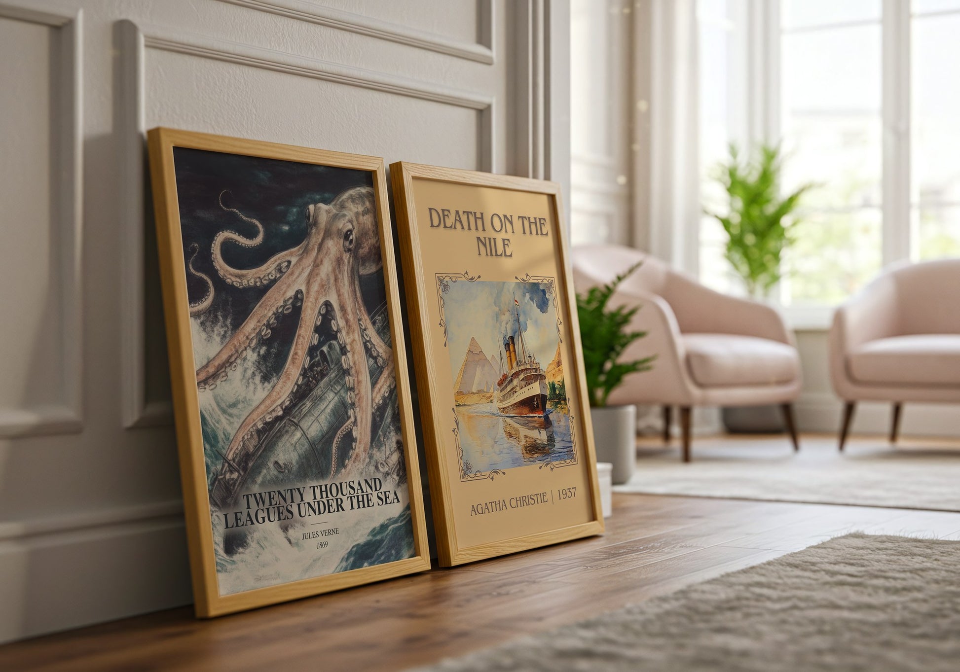 Twenty Thousand Leagues Under The Sea watercolour print framed by window – literary home decor