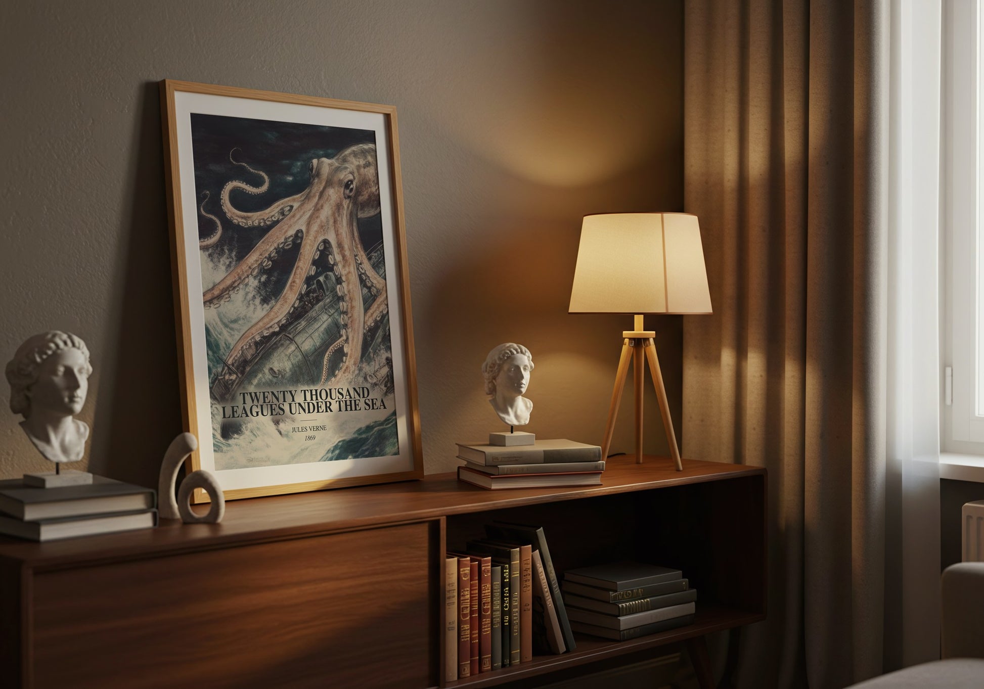 Twenty Thousand Leagues Under The Sea watercolour print on bookshelf – Jules Verne fan gift