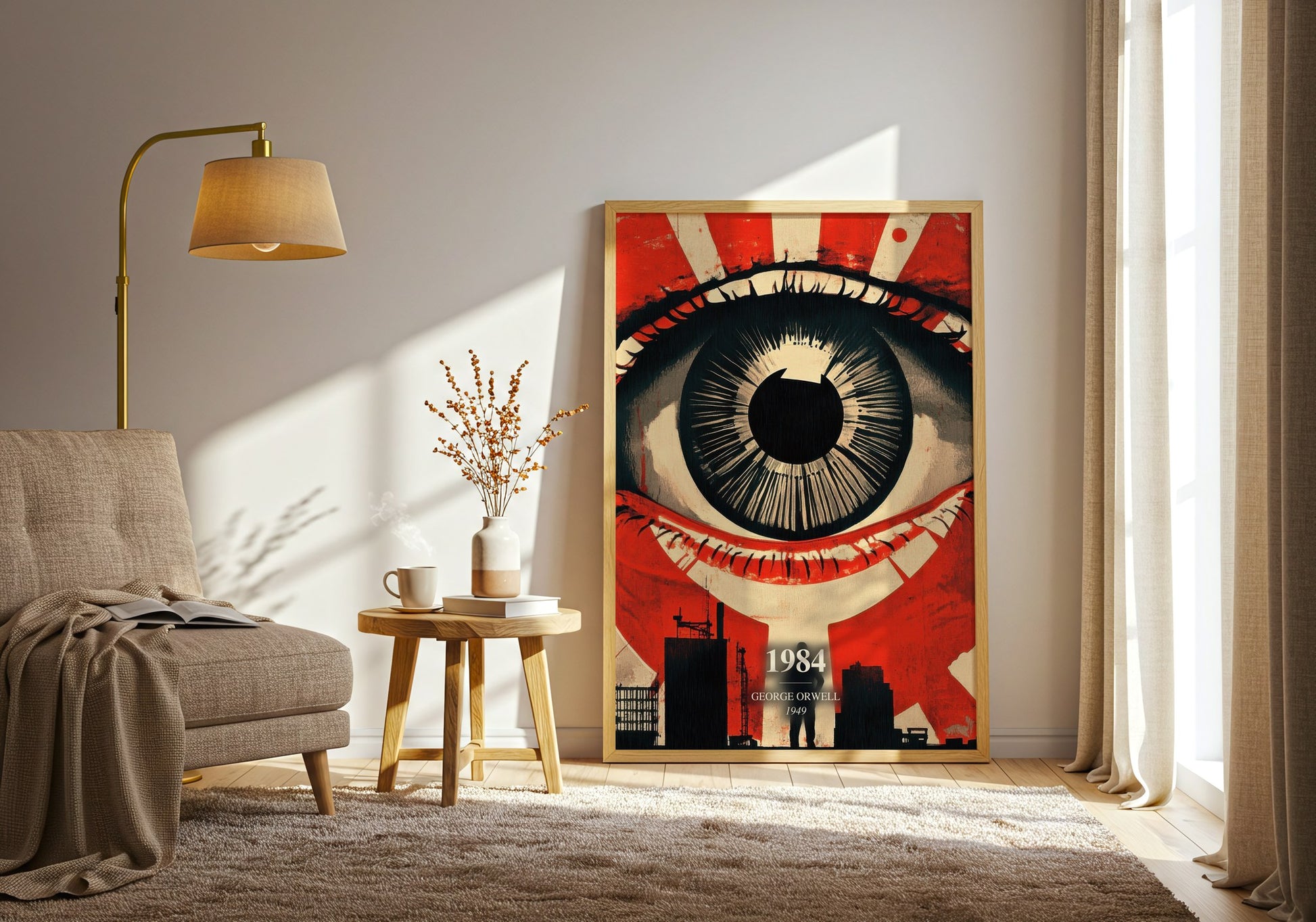 1984 watercolour print in frame leaning in hallway – dystopian wall art