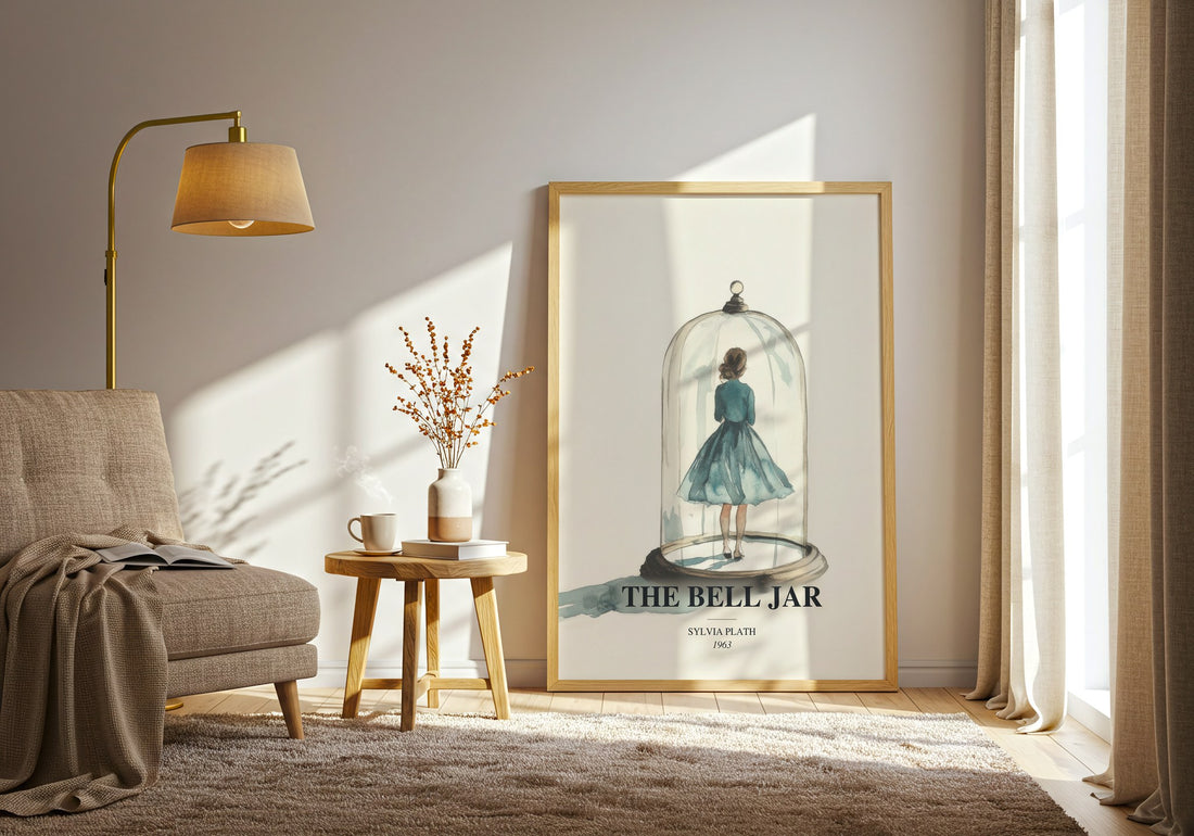 The Bell Jar watercolour print in frame leaning in hallway – literary fiction wall art (mockup)