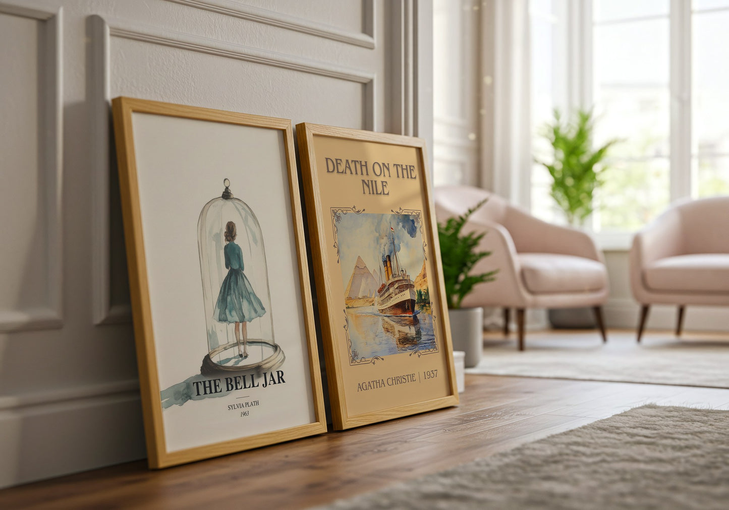 The Bell Jar watercolour print framed by window – literary home decor