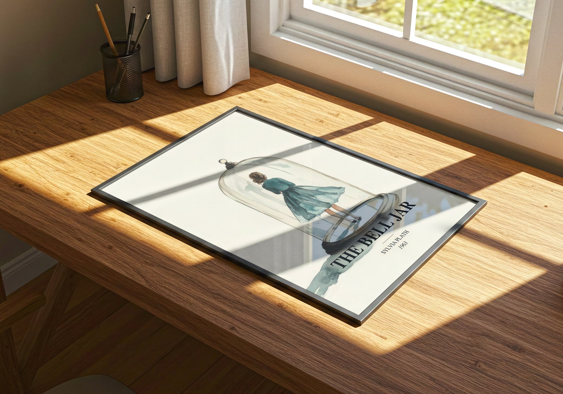 The Bell Jar watercolour book poster framed on wall – literary fiction wall art