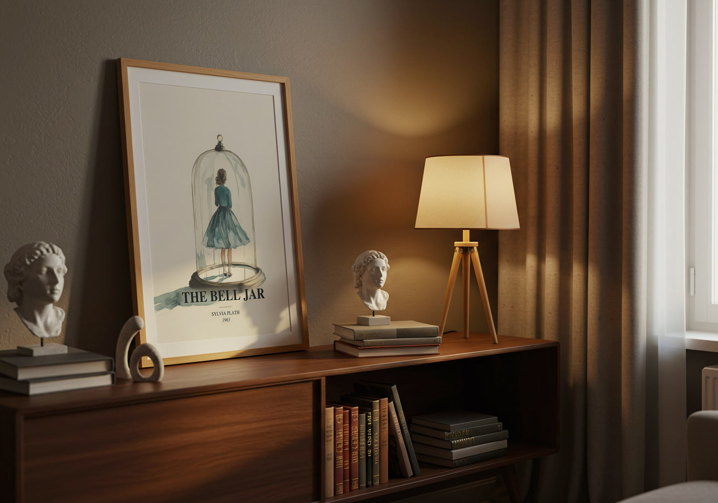 The Bell Jar watercolour print on bookshelf – Sylvia Plath fan gift