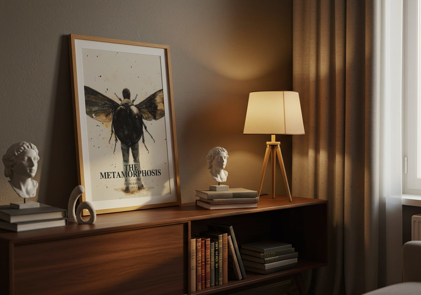 The Metamorphosis watercolour print on bookshelf – Frank Kafka fan gift
