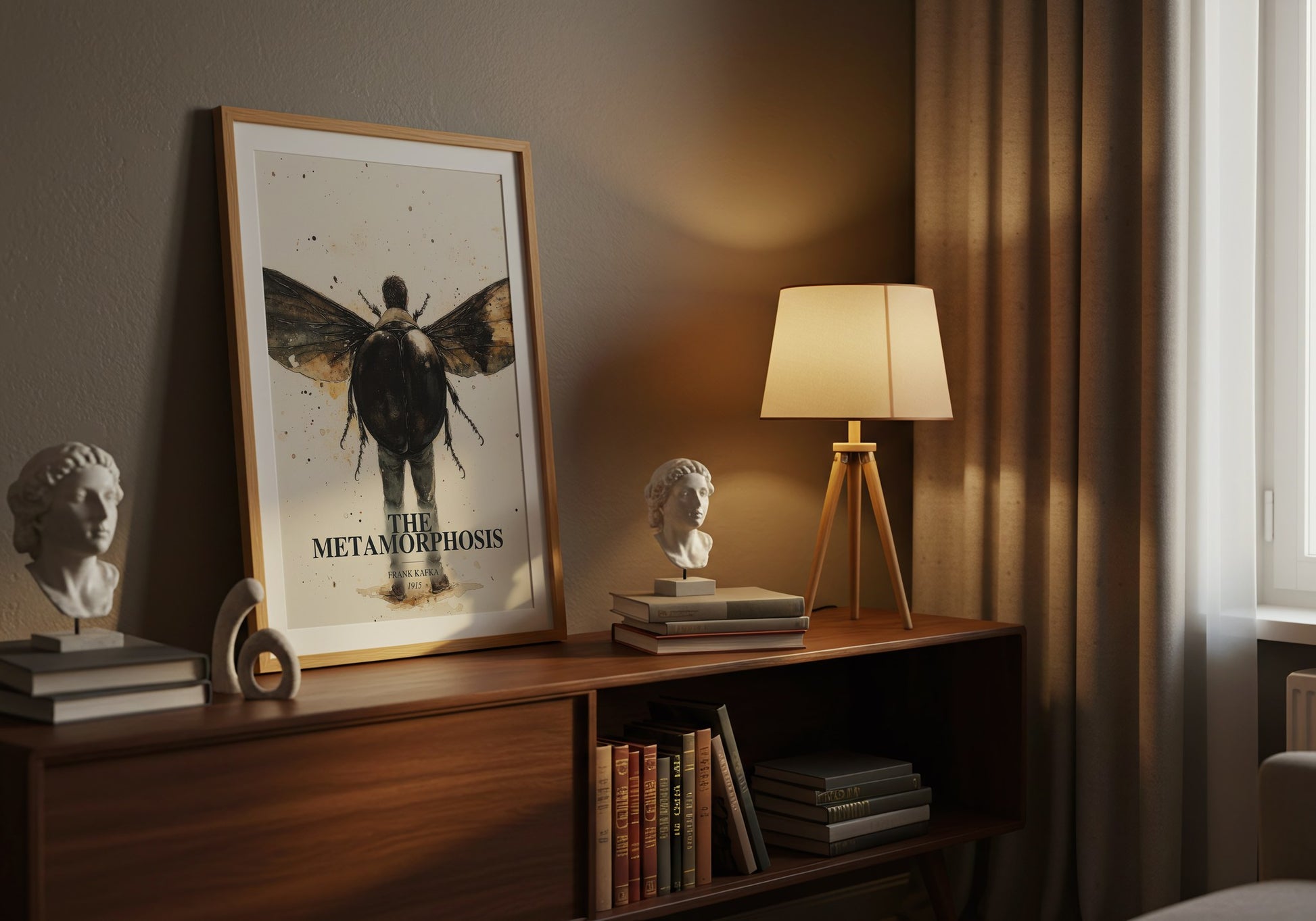 The Metamorphosis watercolour print on bookshelf – Frank Kafka fan gift