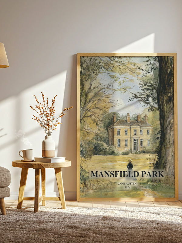 Mansfield Park watercolour print in frame leaning in hallway – classic literature wall art