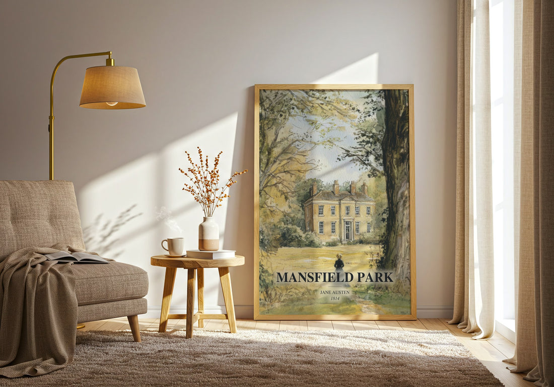 Mansfield Park watercolour print in frame leaning in hallway – classic literature wall art (mockup)
