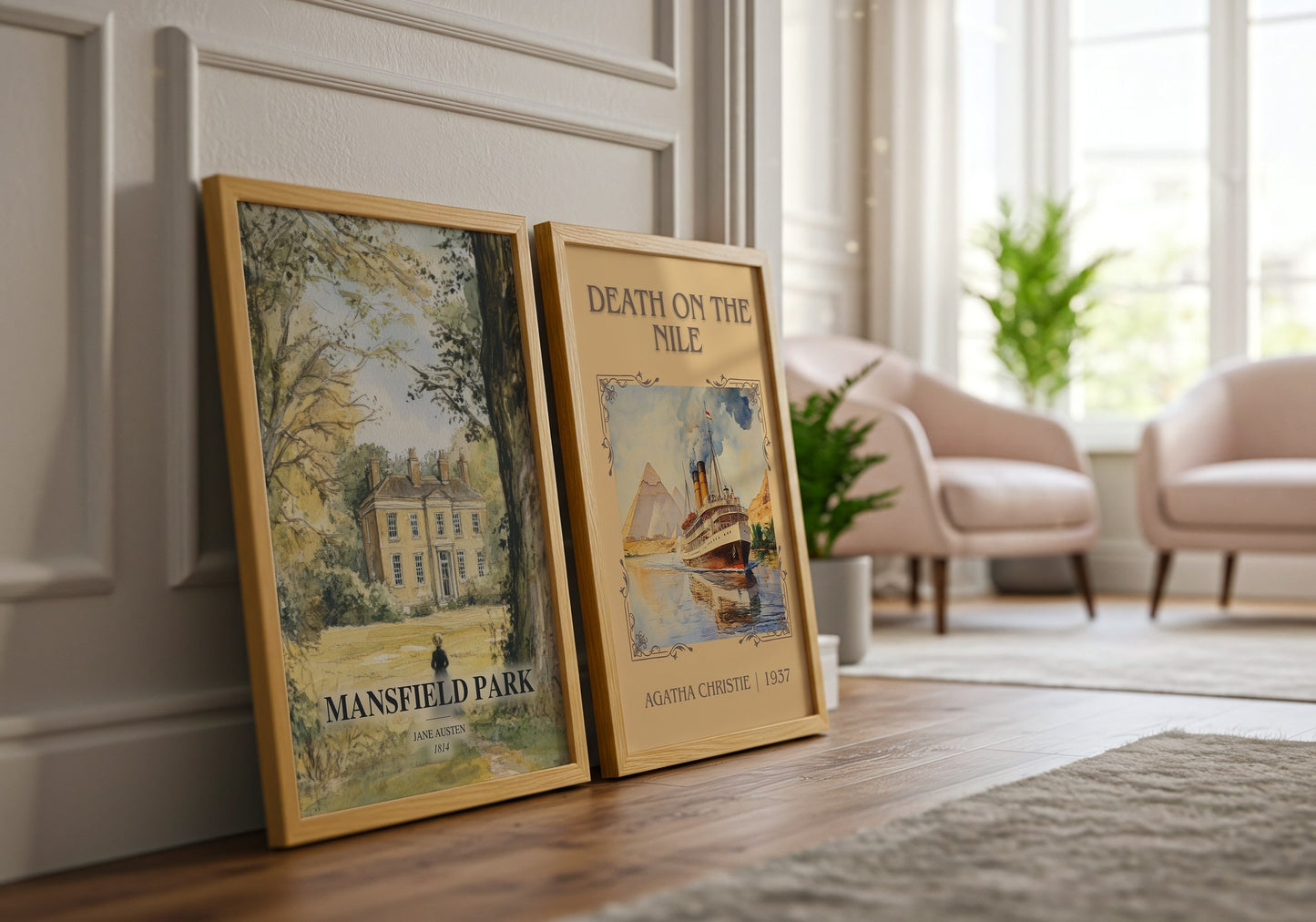 Mansfield Park watercolour print framed by window – literary home decor