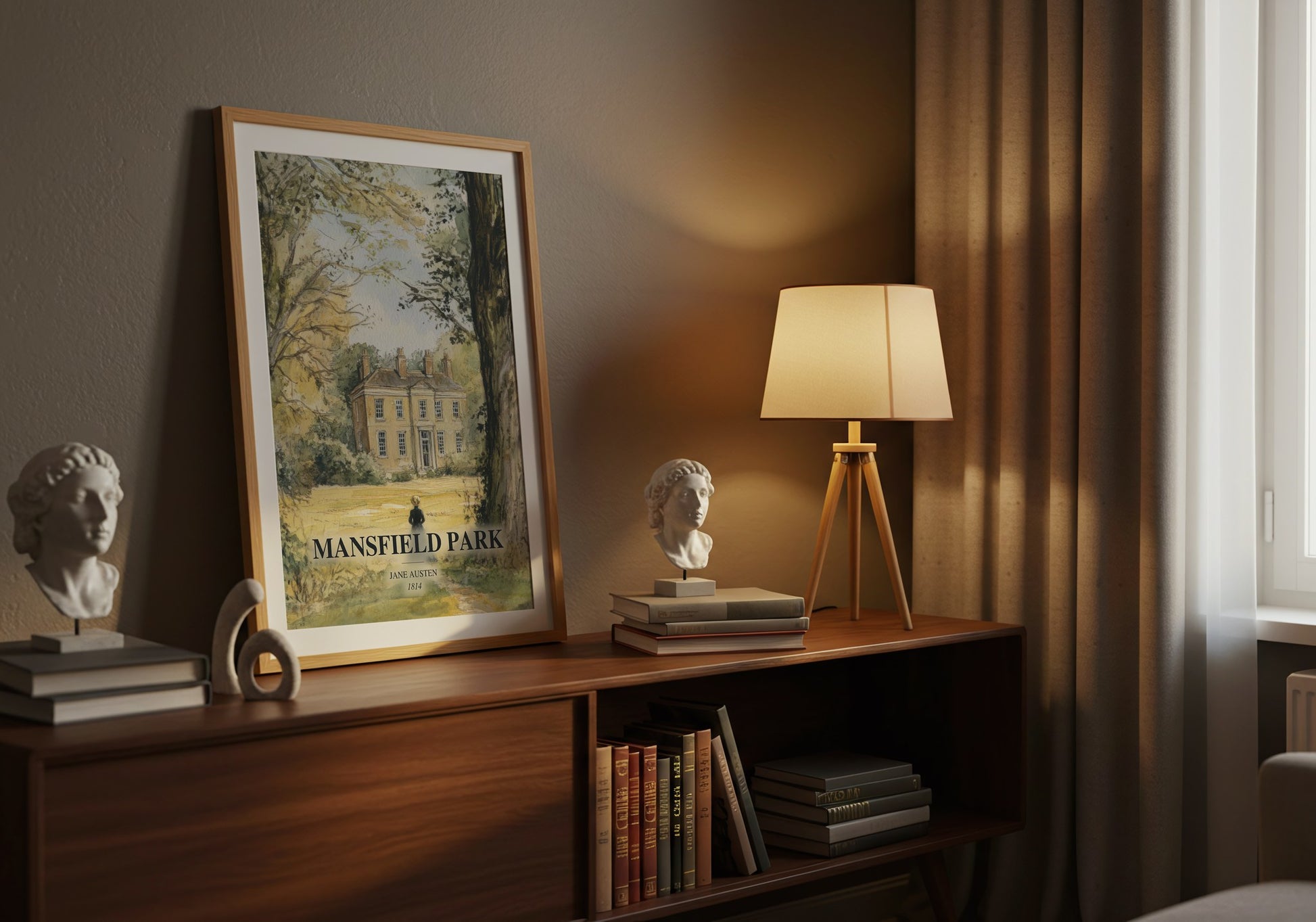 Mansfield Park watercolour print on bookshelf – Jane Austen fan gift