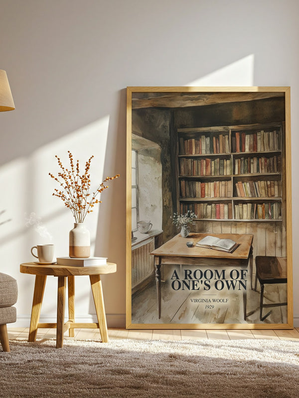 A Room Of One'S Own watercolour print in frame leaning in hallway – non fiction wall art