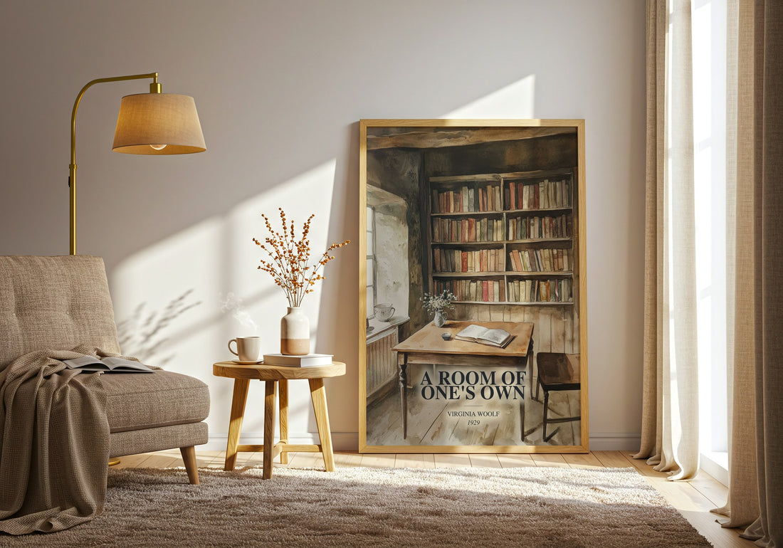 A Room Of One'S Own watercolour print in frame leaning in hallway – non fiction wall art (mockup)