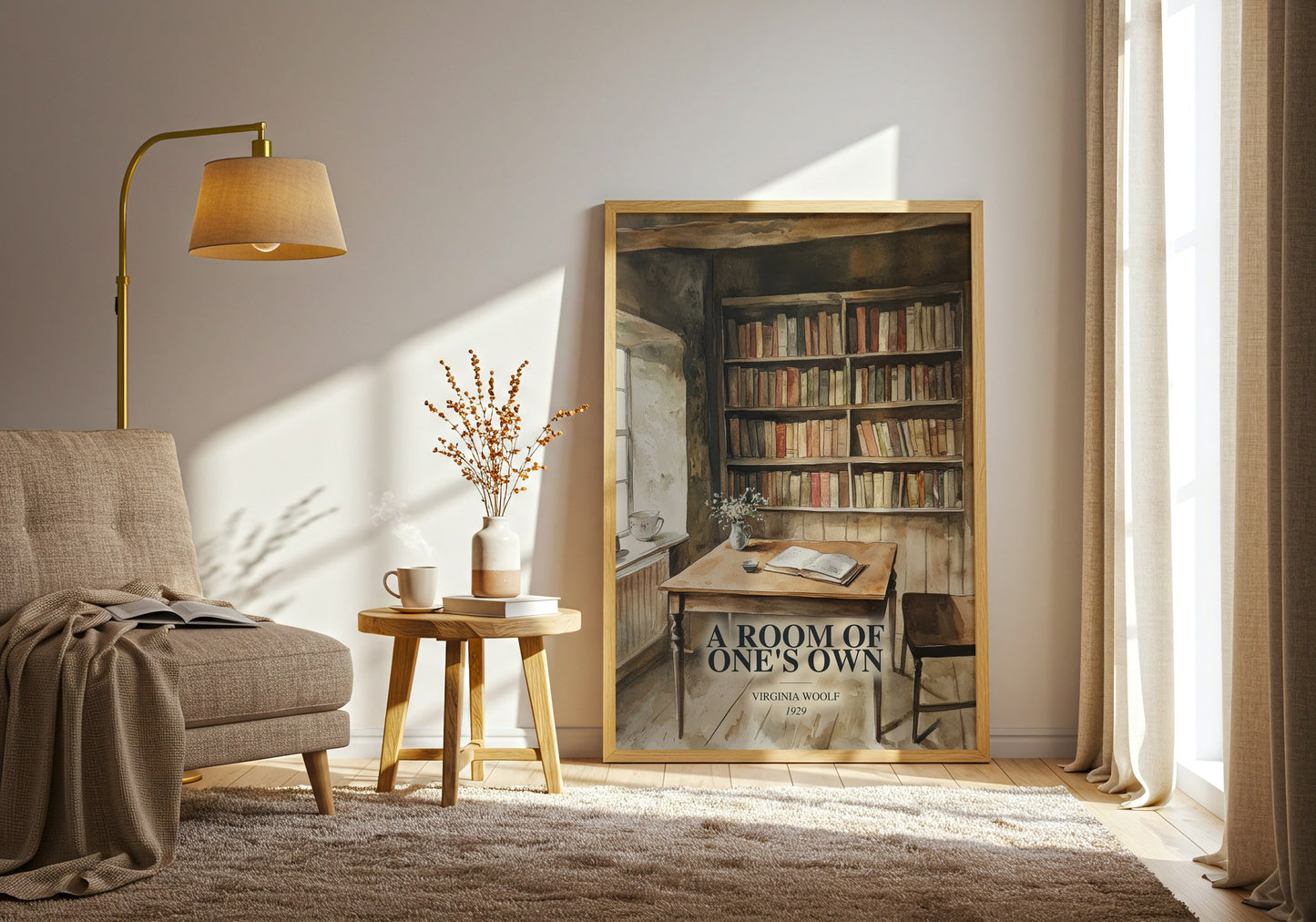 A Room Of One'S Own watercolour print in frame leaning in hallway – non fiction wall art