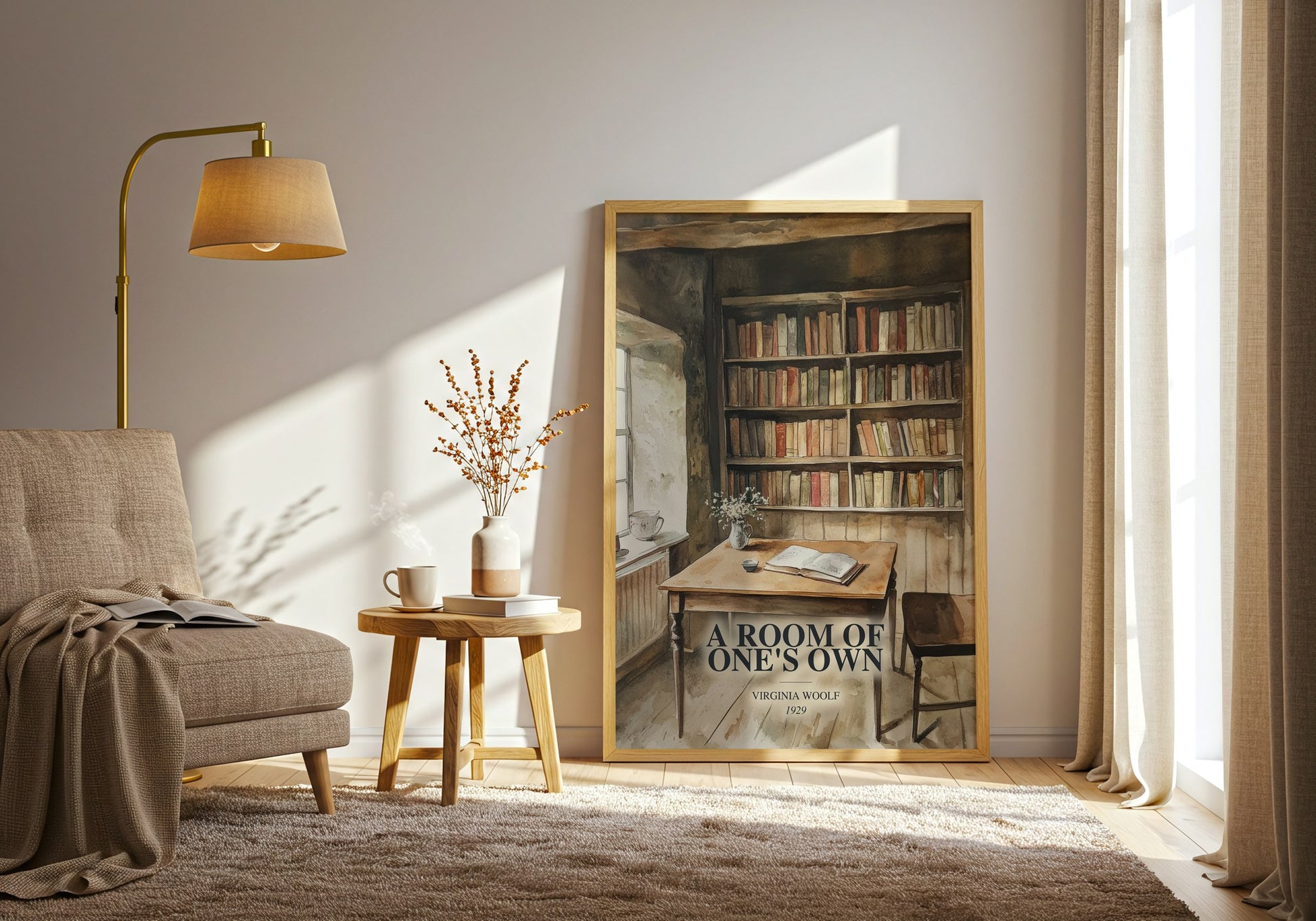 A Room Of One'S Own watercolour print in frame leaning in hallway – non fiction wall art
