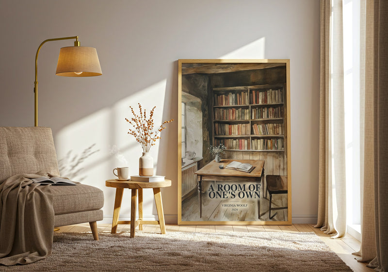 A Room Of One'S Own watercolour print in frame leaning in hallway – non fiction wall art