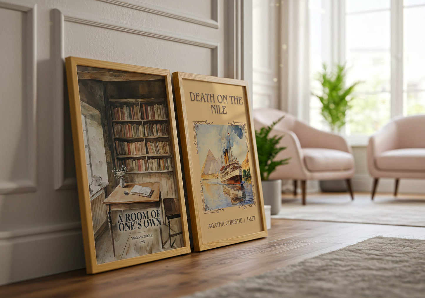 A Room Of One'S Own watercolour print framed by window – literary home decor