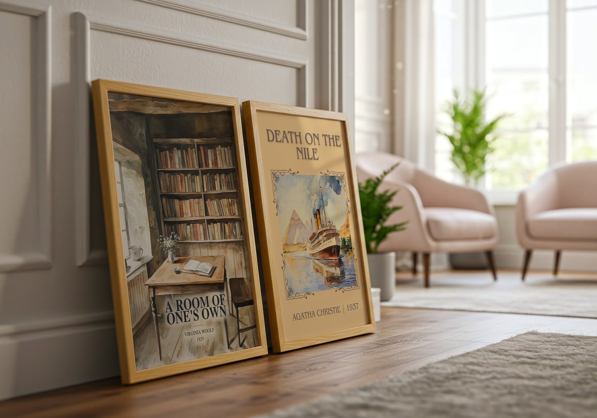 A Room Of One'S Own watercolour print framed by window – literary home decor