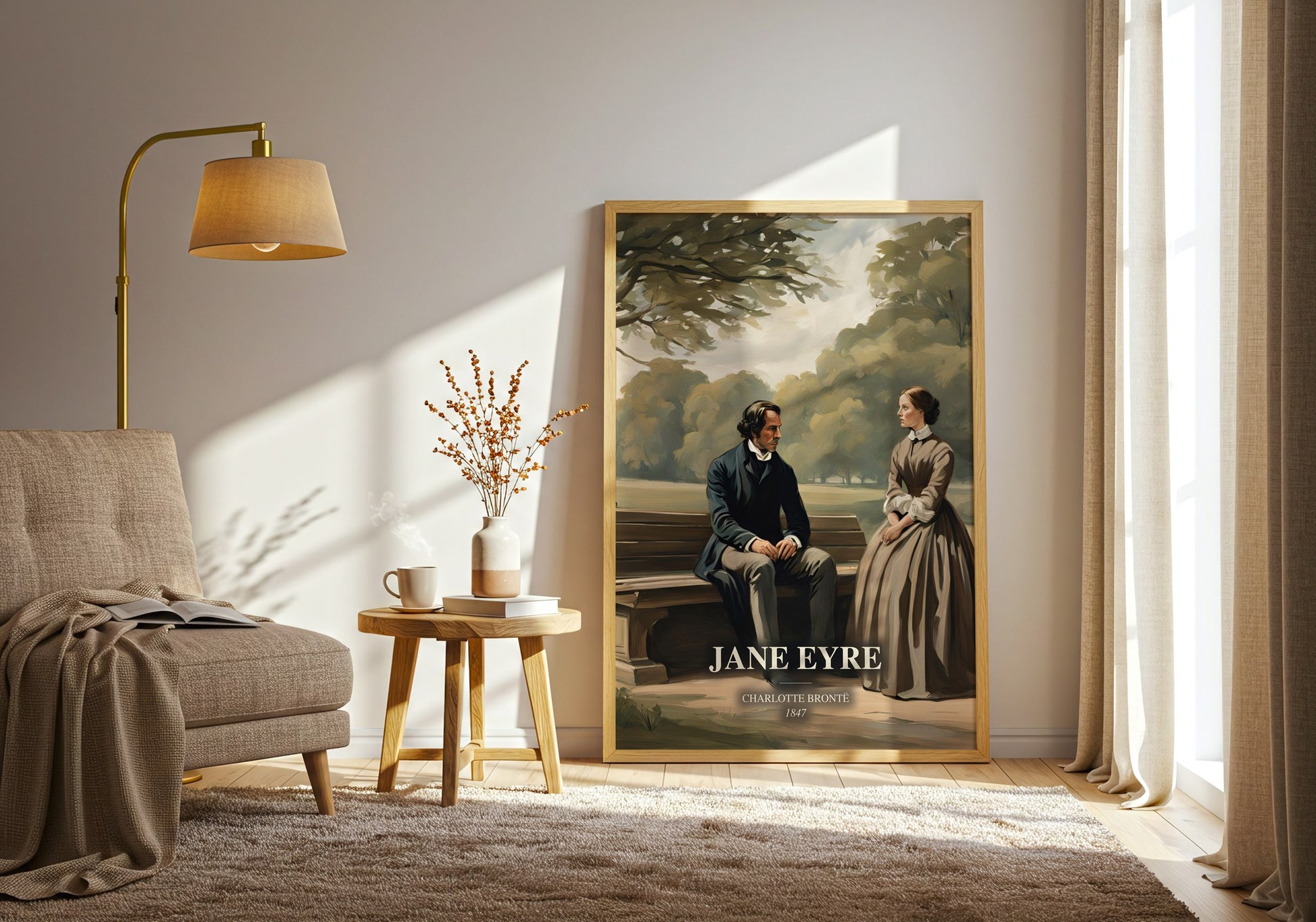 Jane Eyre watercolour print in frame leaning in hallway – gothic wall art