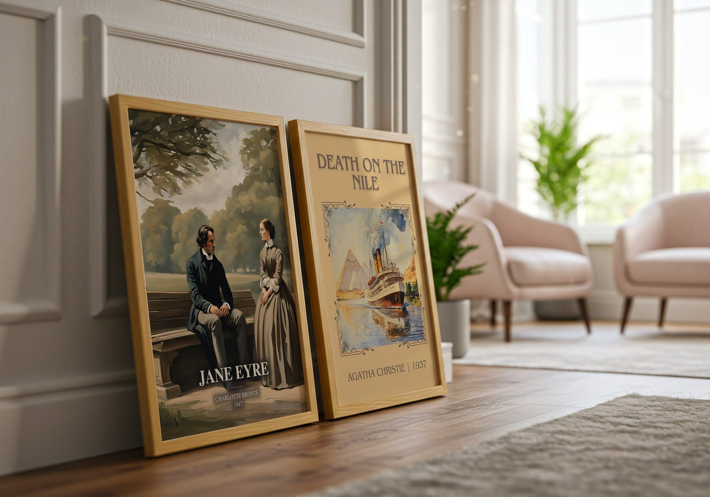 Jane Eyre watercolour print framed by window – literary home decor